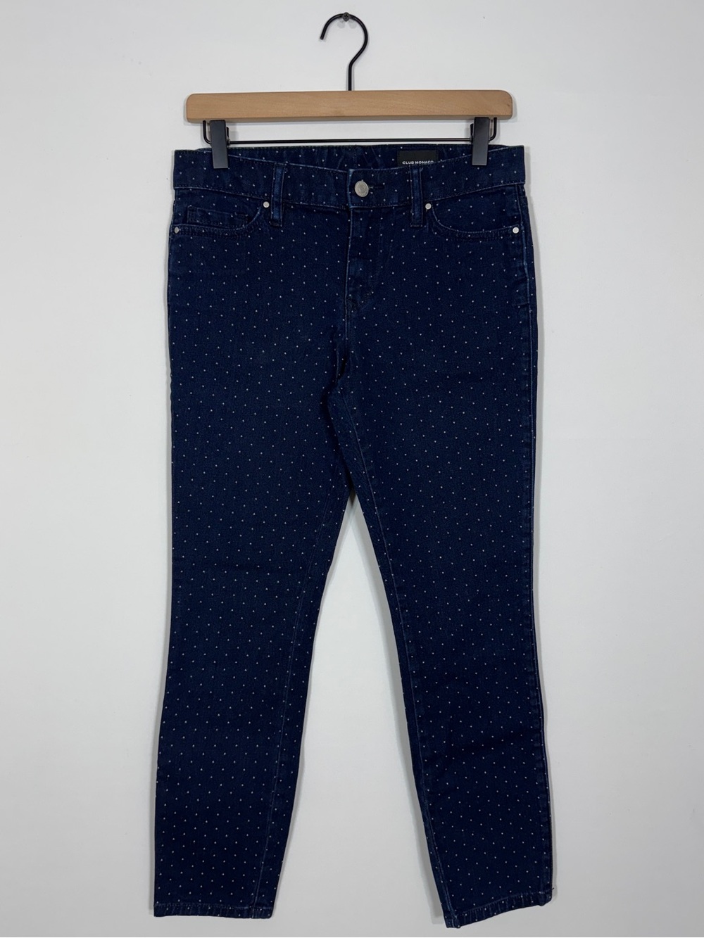 WJ34 {Club Monaco} Polka Dot X Cross Preppy Mid Rise Skinny Stretch Denim Jeans